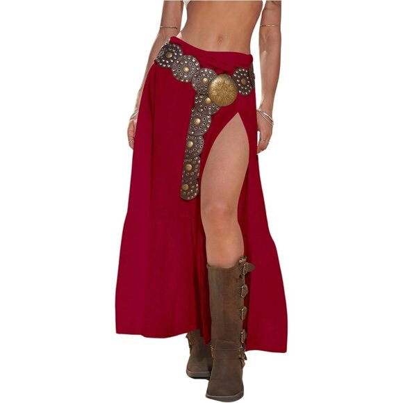 Women's Dark Red Boho Western Maxi Ruffle High Slit Country Cowgirl Skirts